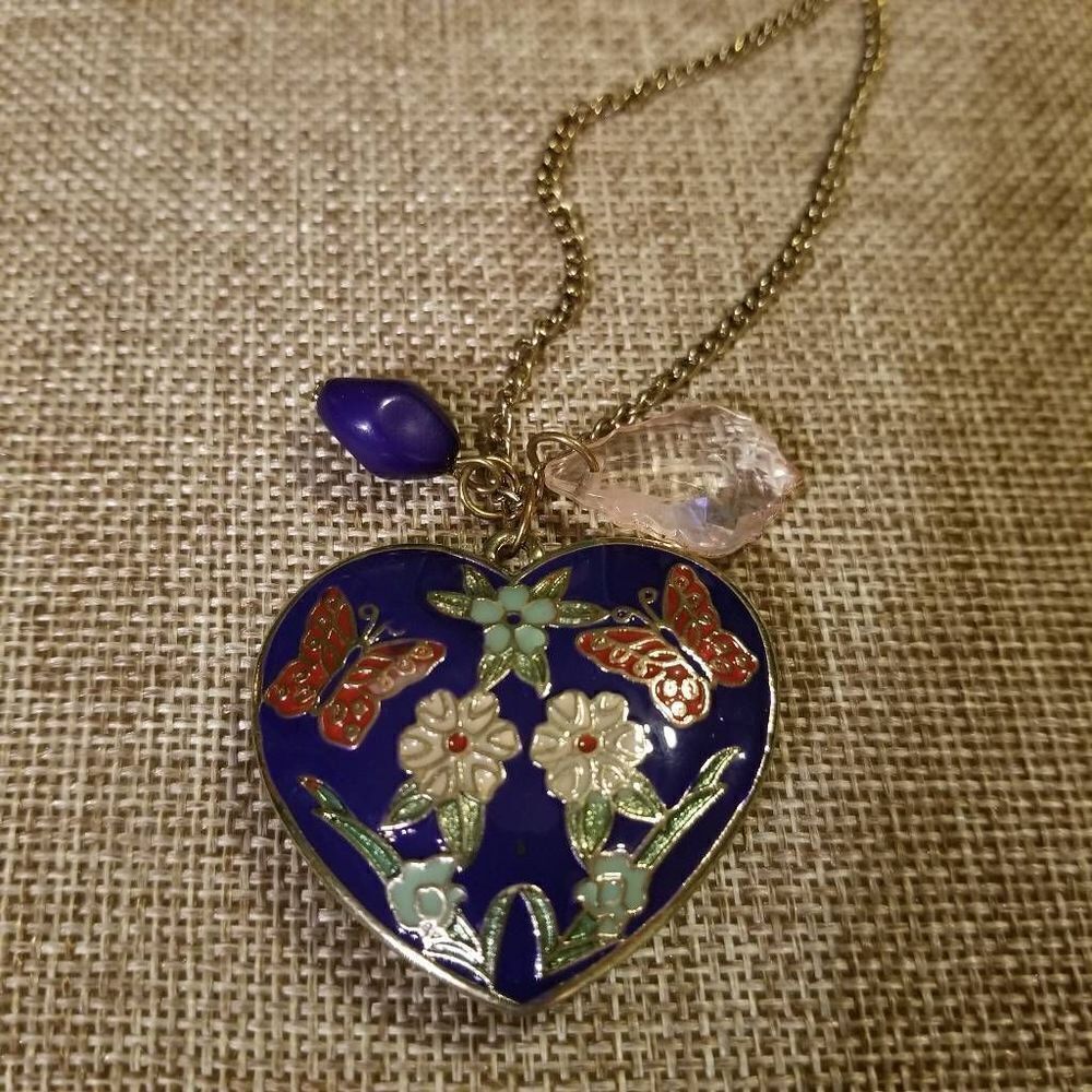 Vintage Cloisoinne Blue Heart Pendant Necklace